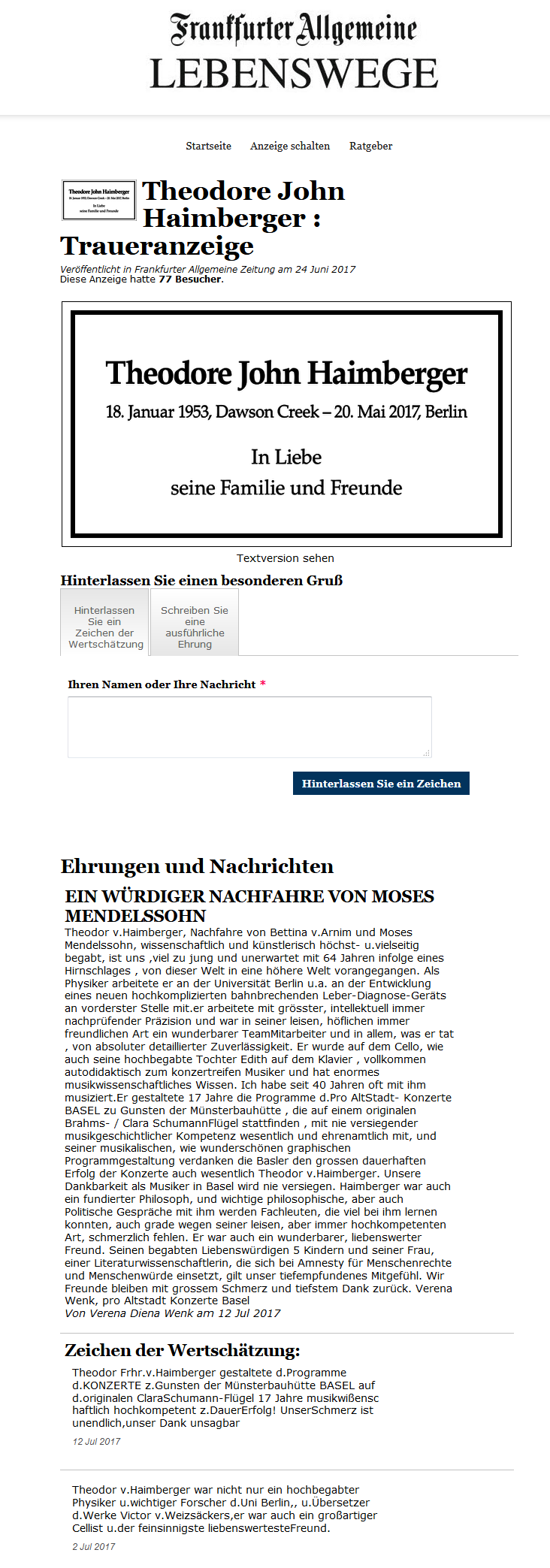 Traueranzeige Theodore v. Haimberger